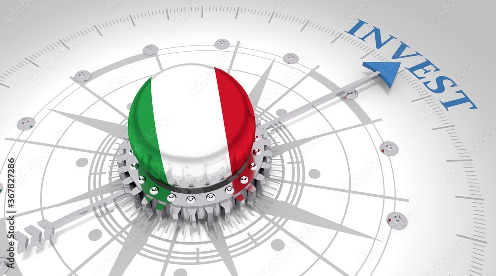 Business concept. Abstract compass points to the invest word. Flag of the Italy. 3D rendering Business concept. Abstract compass points to the invest word. Flag of the Italy. 3D rendering