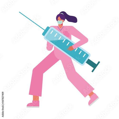 professional female surgeon wearing medical mask with injection