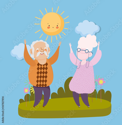 happy grandparents day, grandpa and grandma standing together landscape celebrating cartoon