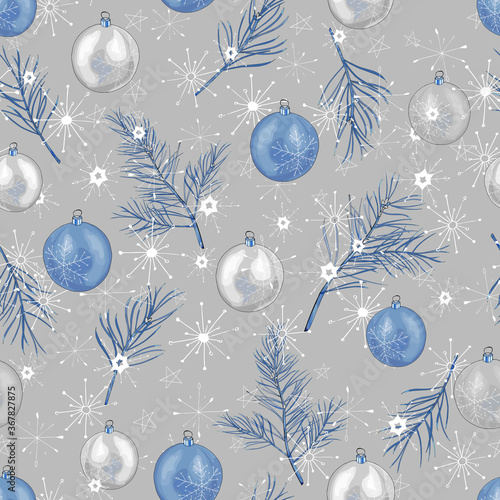 Christmas background fir tree branches, snowflakes and silver blue balls on gray. For festive season design, textile, print, wallpapers, greeting cards, invitation,wrapping paper. Vector illustration.