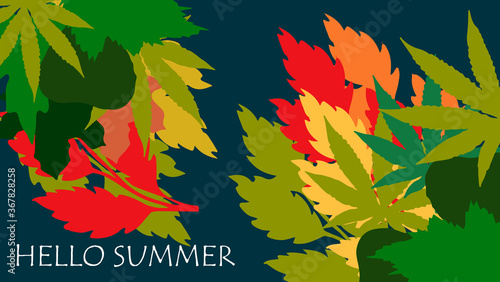 illustrations with tropical leaves flowers and elements.Multicolor plants with hand drawn texture.Exotic backgrounds