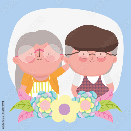 happy grandparents day, cute grandfather grandmother flowers decoration cartoon