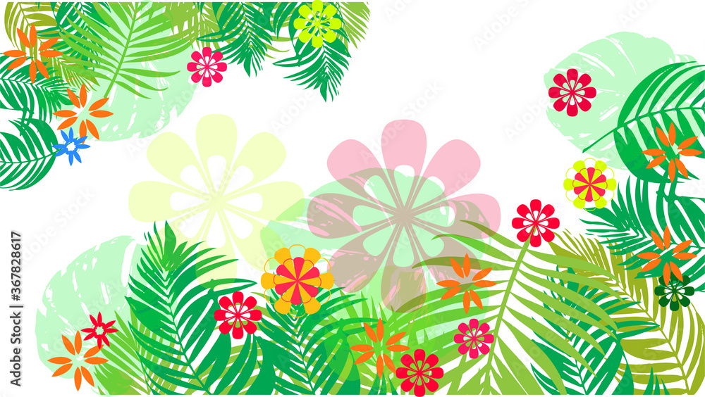 illustrations with tropical leaves,flowers and elements.Multicolor plants with hand drawn texture.Exotic backgrounds