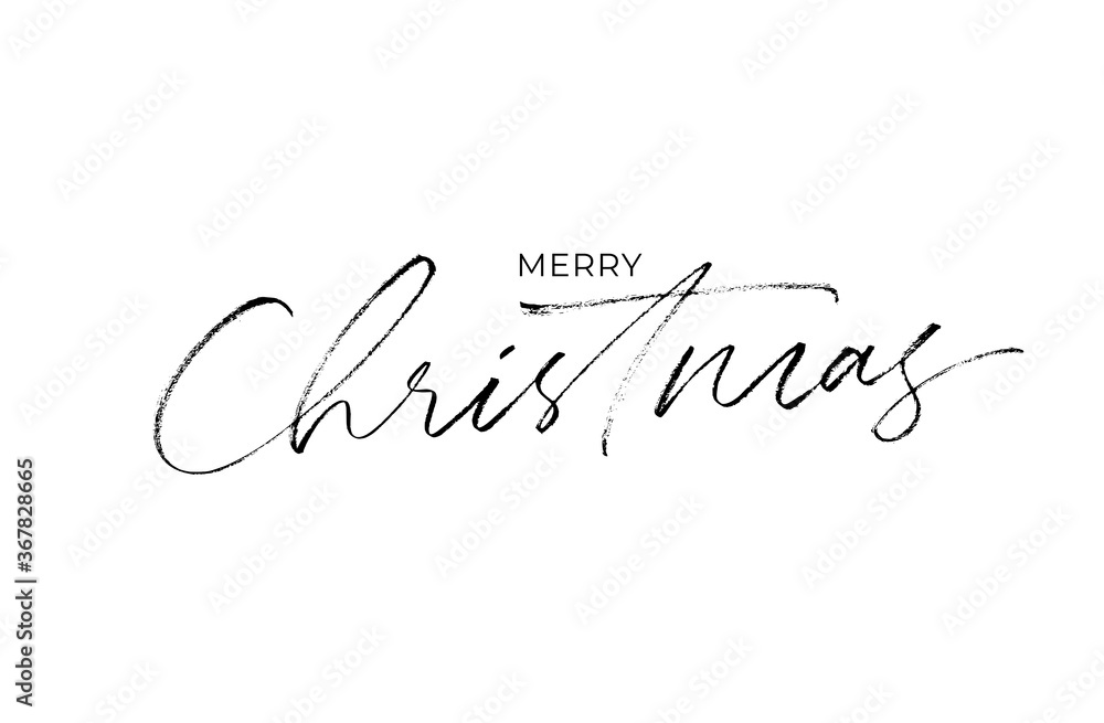 Fototapeta premium Merry Christmas modern brush calligraphy. Hand lettering inscription to winter holiday design, vector illustration. Christmas and New Year phrase handwritten calligraphy isolated on white background. 
