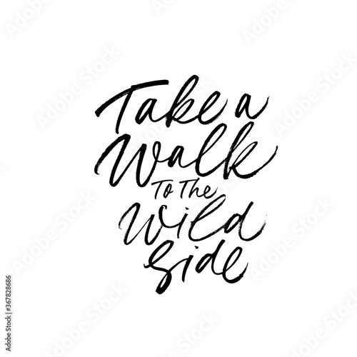Take a walk to the wild side ink brush vector lettering. Modern inspirational saying handwritten calligraphy. Positive lifestyle quote. Black paint lettering isolated on white. Postcard, t shirt print