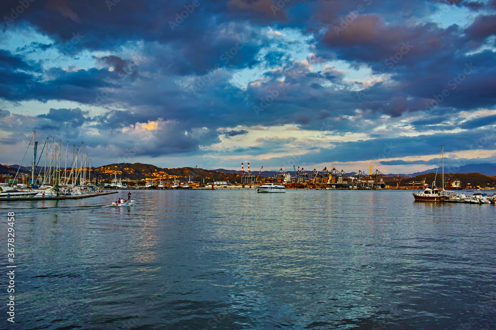 La Spezia Italy 09/22/2016 Evening panorama on the port of La Spezia Liguria Italy La Spezia Italy 09/22/2016 Evening panorama on the port of La Spezia Liguria Italy