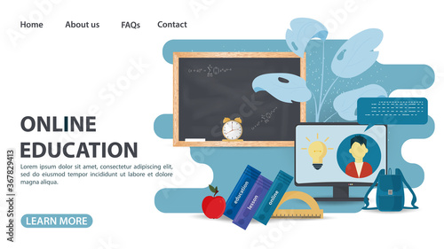 Online training web page design school Board and monitor home education on computer Internet technologies flat vector illustration cartoon