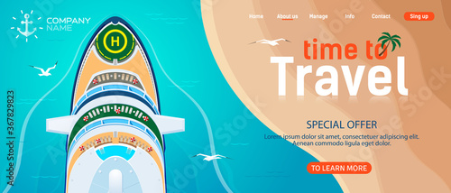 Large Cruise Ship Travel Website Template. Liner on the background of the blue sea near the coast, top view. Vector, illustration
