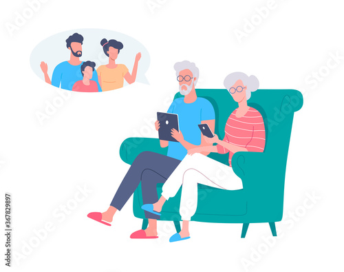 Fototapeta Naklejka Na Ścianę i Meble -  Grandmother and grandfather communicate with their family using internet mobile technology