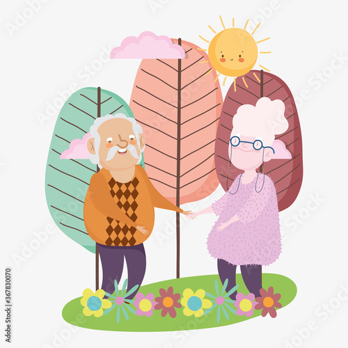 happy grandparents day, grandpa and grandma standing together landscape flowers trees cartoon