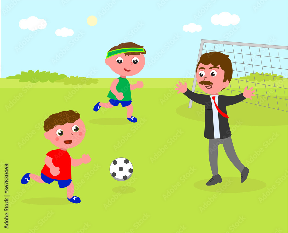 Two kids playing soccer with dad in business clothes, vector illustration