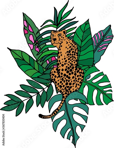 A cheetah or leopard facing his back on the viewer, surrounded by lush green tropical leaves