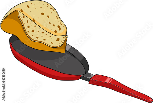 Cooking pancake in a skillet. Vector clip art.