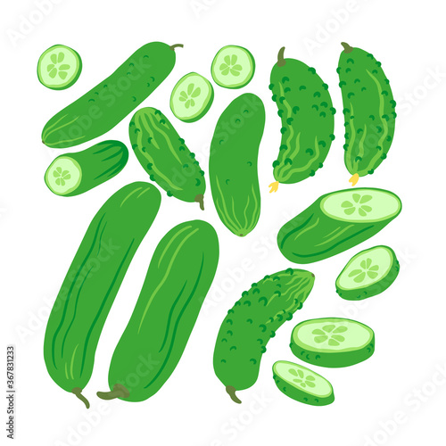 Hand drawn set of vegetables. Colorful cartoon cucumbers.