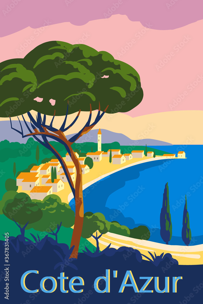Cote d Azur of France Travel poster retro old city Mediterranean sea vacation Europe