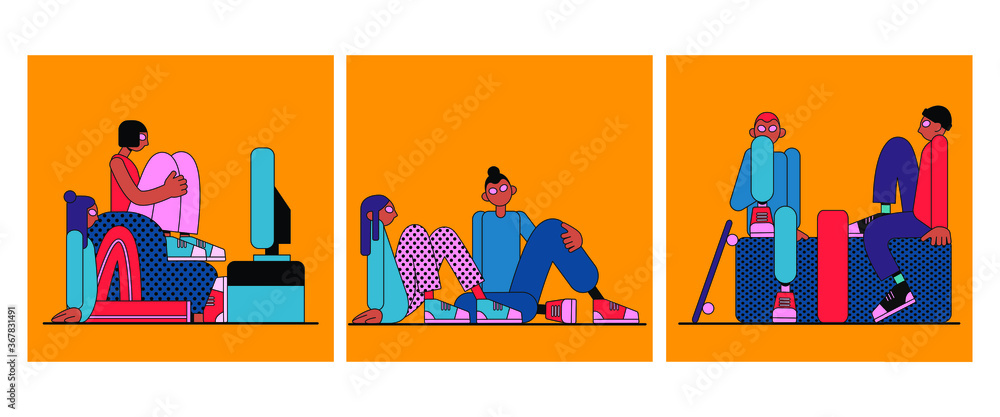 Fototapeta premium Set of boys and girls teenagers modern flat vector illustration set. friends watch TV, go skateboarding, have a picnic. Youth lifestyle.