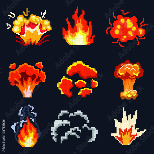 Explosions set vector illustration in pixel art