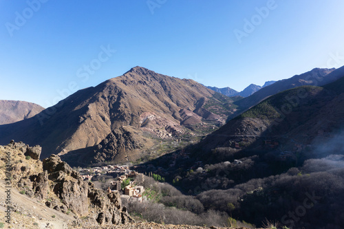 High Atlas Mountains in Morocco. Road to Toubkal in Toubkal National Park