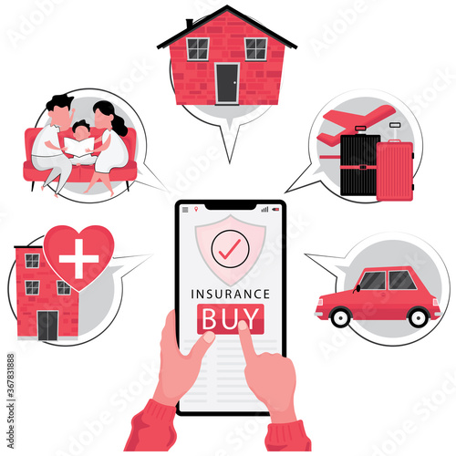 People buy insurance for health, house, car and accident online feature a finger touching buy button on phone screen