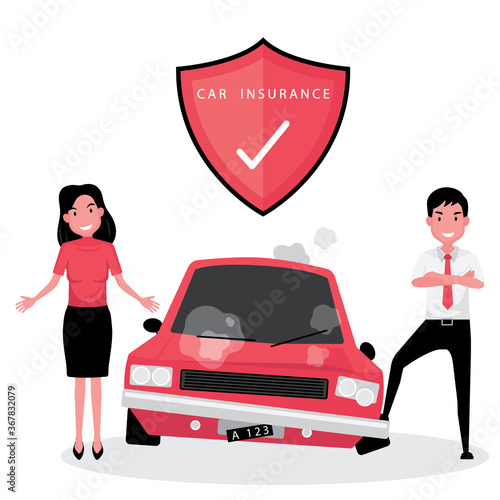 Car insurance business feature man and woman stand next to a red car