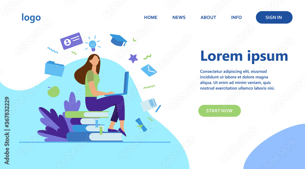 Student with laptop studying on online course. Woman sitting on stack of books and using computer. Vector illustration for internet school, knowledge, education concept Student with laptop studying on online course. Woman sitting on stack of books and using computer. Vector illustration for internet school, knowledge, education concept