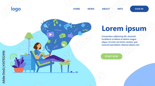 Social media addicted woman. Cartoon character relaxing at home, using tablet computer for web surfing, playing online games. Vector illustration for internet addiction, communication concept