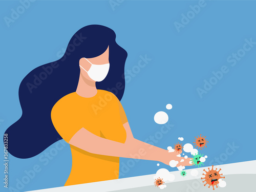 Washing hands to sanitize and disinfect COVID-19 Coronavirus pathogens from your hands concept, woman washing hands with alcohol gel or soap with bubbles and COVID-19 virus pathogen on her hands.