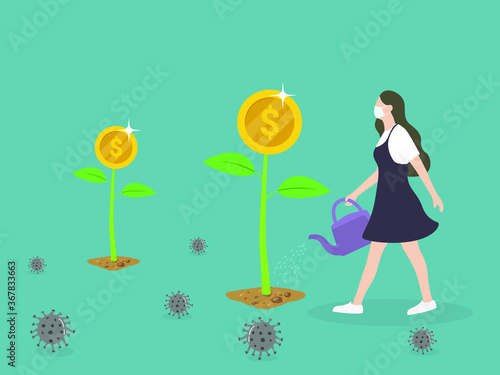 financial economy recovery after coronavirus pandemic concept. Economic restoration after COVID-19 outbreak crisis, business recover. woman watering dollar tree virus cells around