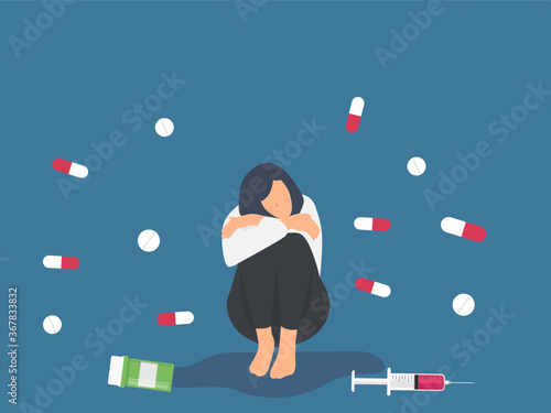 Depresed people with drugs. woman in depression, pills addiction concept vector illustration