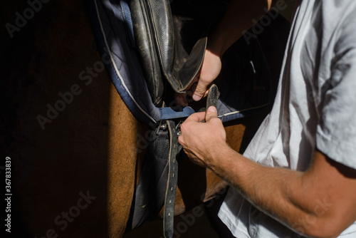 A young man, a rider, prepares his horse for fun