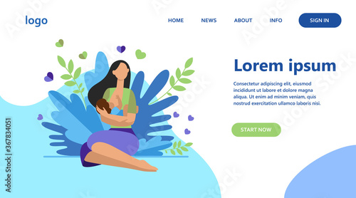 New mother feeding baby with breast. Young woman holding little child in arms. Vector illustration for breastfeeding, health, baby food, motherhood, care concept