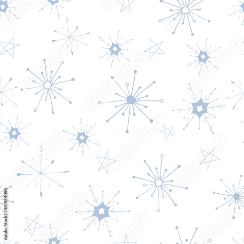 Seamless pattern with blue snowflakes on white. Christmas background for festive season design  textile  print  wallpapers  greeting cards  invitation  wrapping paper. Vector illustration.
