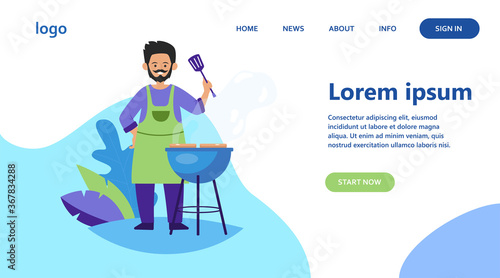 Man fried meat on nature flat vector illustration. Cartoon cook grilling steak and cooking fresh food or shashlik outdoors. Summer BBQ and picnic concept