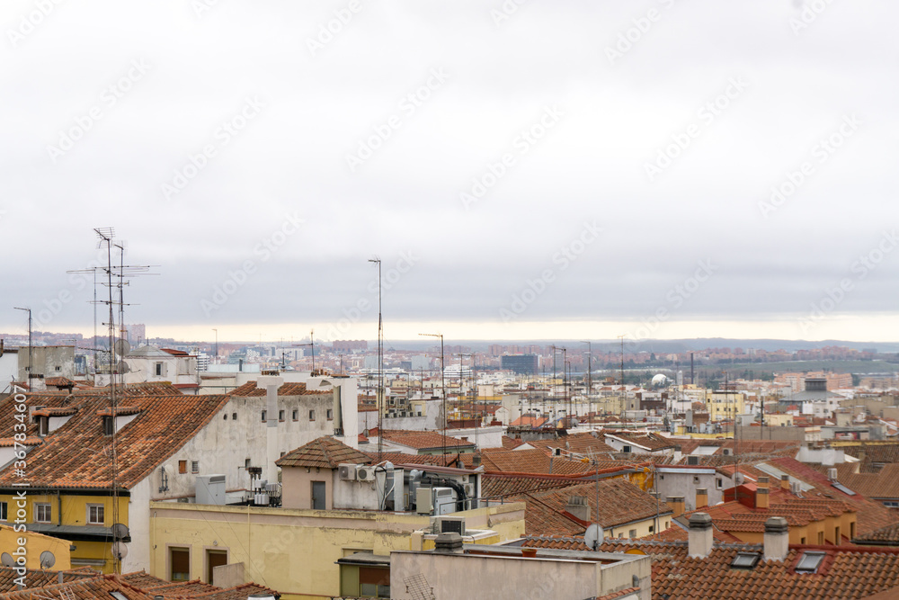 Madrid rooftop view of the city skyline in Spain. European capital city skyline.