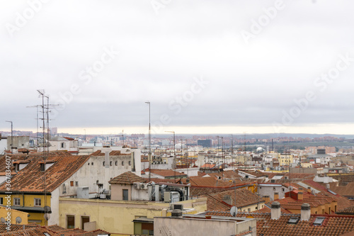 Madrid rooftop view of the city skyline in Spain. European capital city skyline.