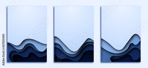 3d abstract background with blue paper cut waves minimalistic style , Banners vertical A4 size. Vector illustration layout design about presentations posters flyers.