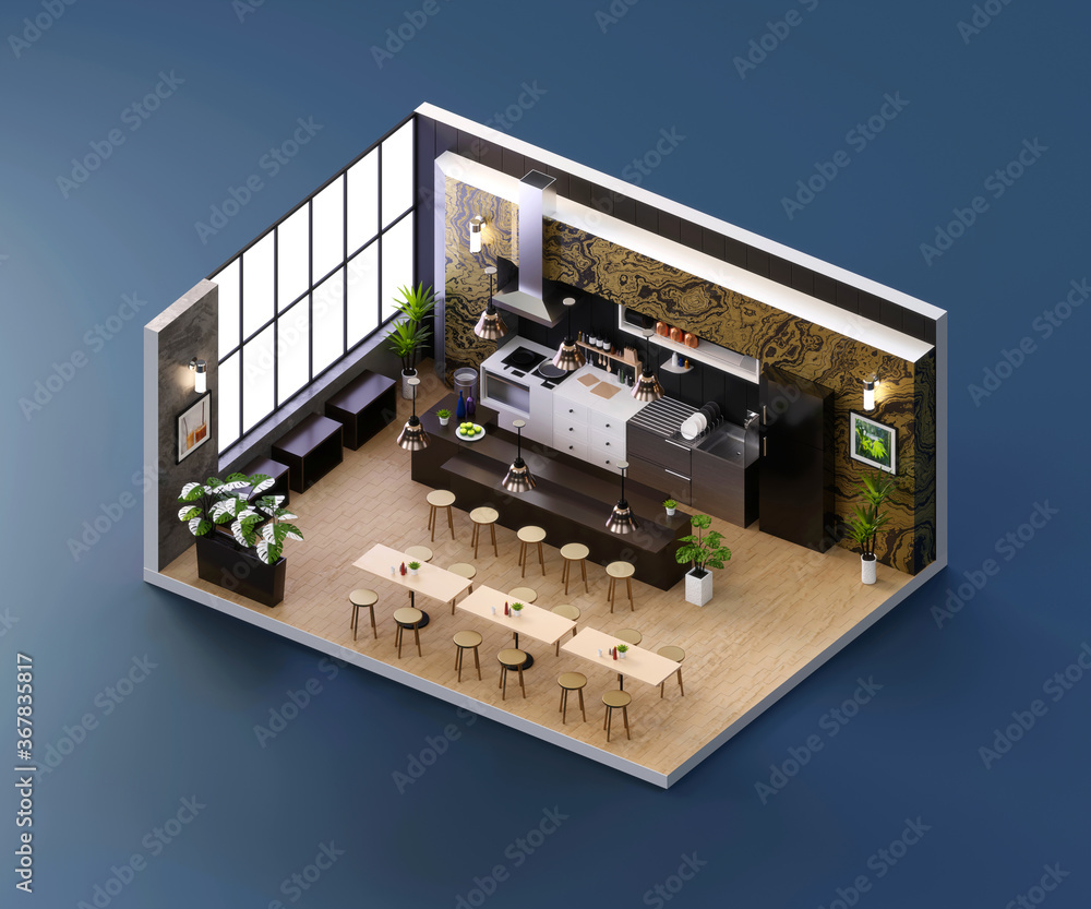 Isometric view restaurant open inside interior architecture, 3d