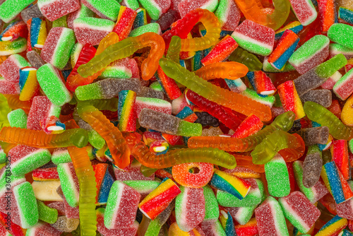 Assorted gummy candies. Top view. Jelly sweets background.