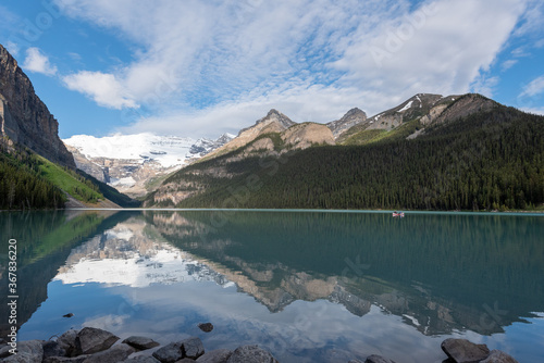 Lake Louise on a sunny day with beautiful reflections in the water