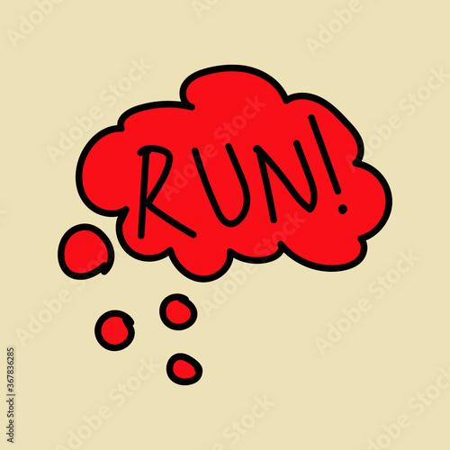 Run text, run lettering in red buble on silver background. Running letter, active and healthy lifestyle motivation, movement concept. Danger warning. photo