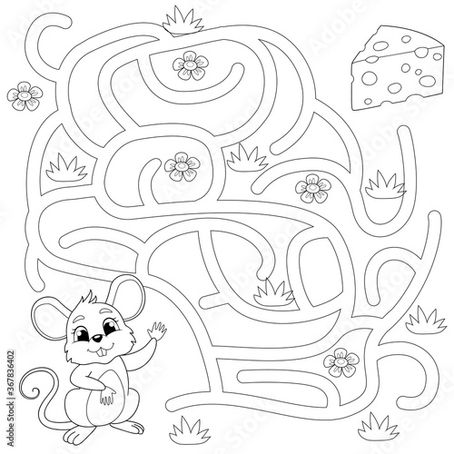 Help mouse find path to chees. Labyrinth. Maze game for kids. Vector black and white illustration for coloring book