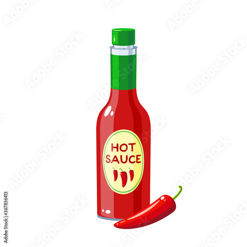Hot chilli sauce bottle, vector illustration cartoon icon isolated on white background.
