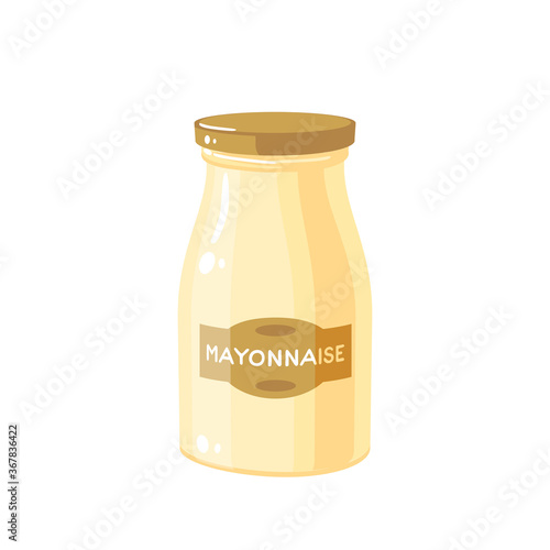 Mayonnaise sauce jar with lid, traditional japanese condiment, vector illustration cartoon icon isolated on white background.