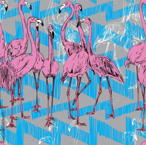 Bright seamless pattern with flamingo. Ethnic patterns. Freehand drawing, summer background.