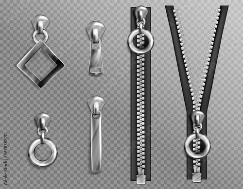 Metal zip fasteners, silver zippers with differently shaped puller and open or closed black fabric tape, clothing hardware isolated on transparent background, Realistic 3d vector illustration, set