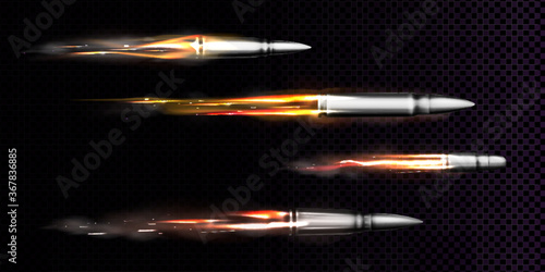 Flying bullets with fire and smoke traces. Shooting military handgun shoot trails, gunshots in motion, weapon metal shots, ammo isolated on black and transparent background, realistic 3d vector set
