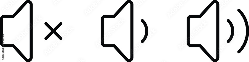 Sound volume vector icon set. Mute, decrease and increase sound volume icons in black over white background. Sound volume vector icon set. Mute, decrease and increase sound volume icons in black over white background.