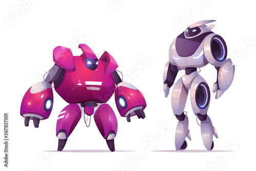 Robot transformers, robotics and artificial intelligence technologies cyborgs, military combat exoskeleton characters, battle alien cybernetic warriors on white background. Cartoon vector illustration