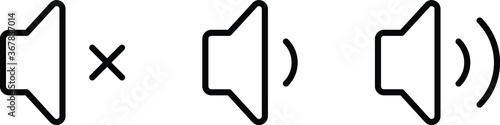 Sound volume vector icon set. Mute, decrease and  increase sound volume icons in black over white background. 