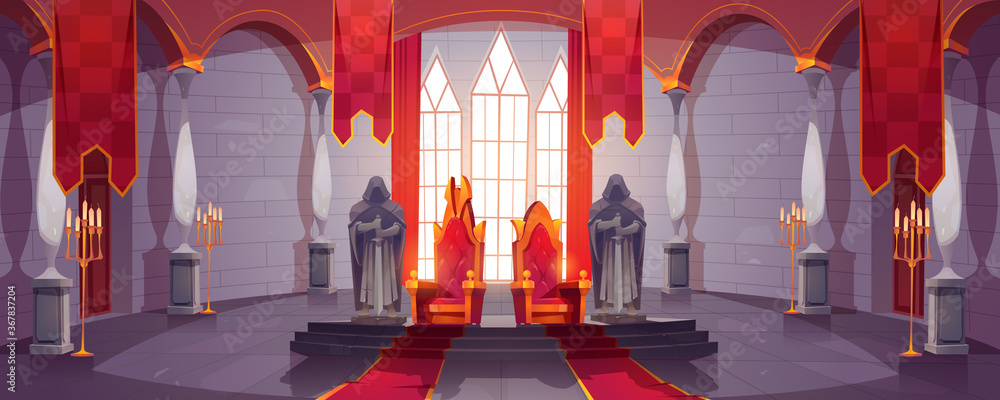Castle hall with thrones for king and queen. Ballroom interior, Medieval palace for royal family with flags, guards with swords stone statues. Fantasy, fairy tale, pc game Cartoon vector illustration - obrazy, fototapety, plakaty 